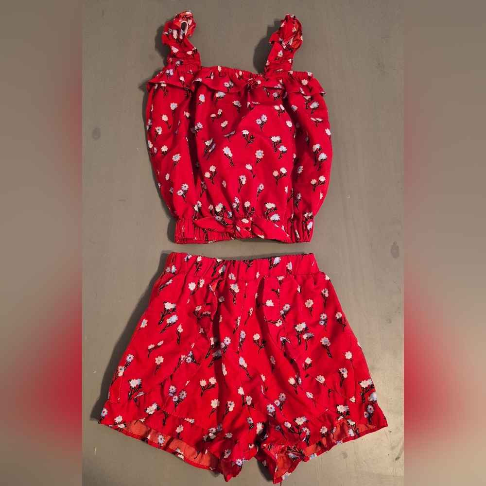 Red Floral Top And Shorts Set